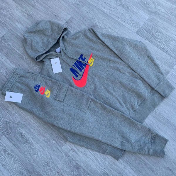 Nike Swoosh Standard Issue Cargo Tracksuit Hoodie Joggers Sweatpant Set - Grey