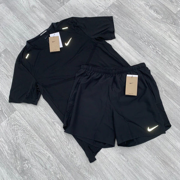 Nike Dri Fit Miler 1.0 Challenger T-Shirt Top and 5" Running Shorts Set - Black