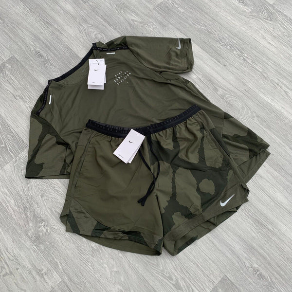 Nike Dri Fit Run Division Top and Shorts Training Running Gym Set - Khaki Camo