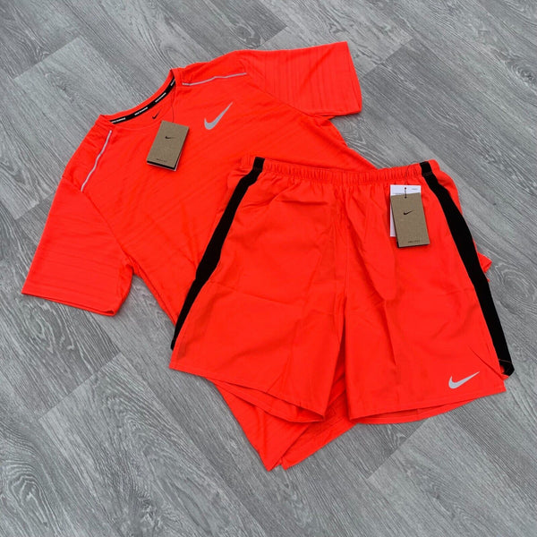 Nike Dri Fit Miler 1.0 Challenger T-Shirt Top and 7" Shorts Set - Bright Crimson