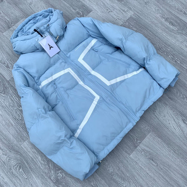 Maniere De Voir Nylon Taped Hooded Zip Puffer Jacket - Pale Blue/White