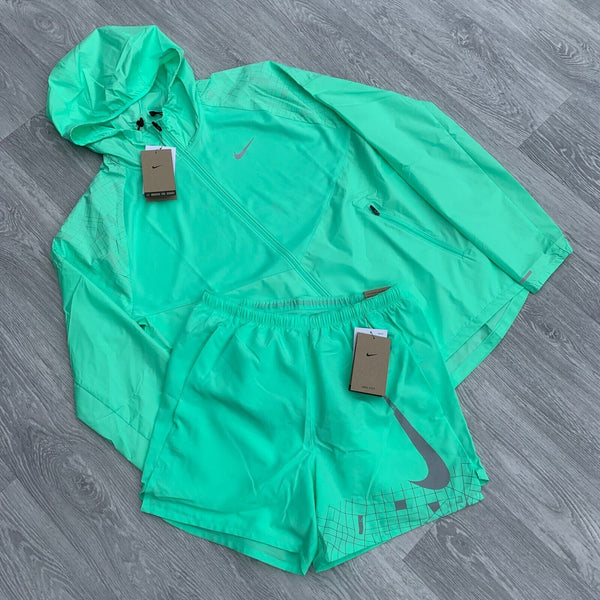 Nike Run Division Windbreaker Zip Jacket and Shorts Training Running Set - Mint