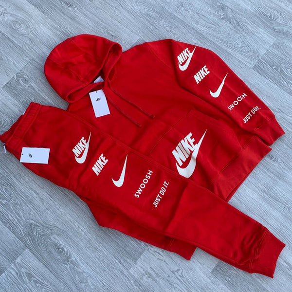 Nike Swoosh Standard Issue Cargo Tracksuit Hoodie Joggers Sweatpant Set - Red