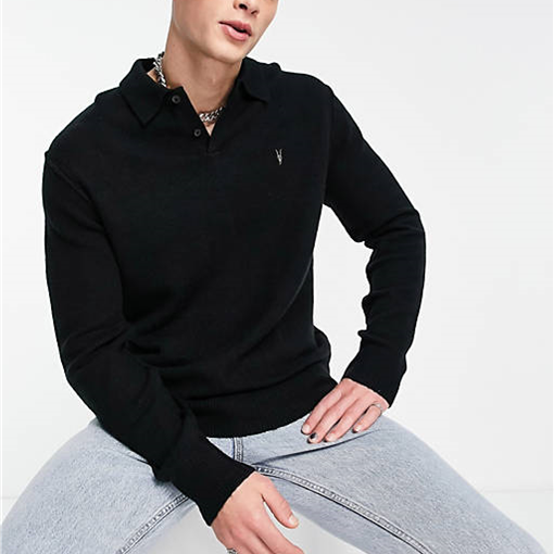 AllSaints Statten Knit Polo Shirt Jumper Sweatshirt - Black