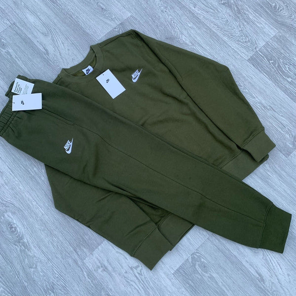 Nike Foundation Club Fleece Tracksuit Sweatshirt Joggers Sweatpants Set - Khaki