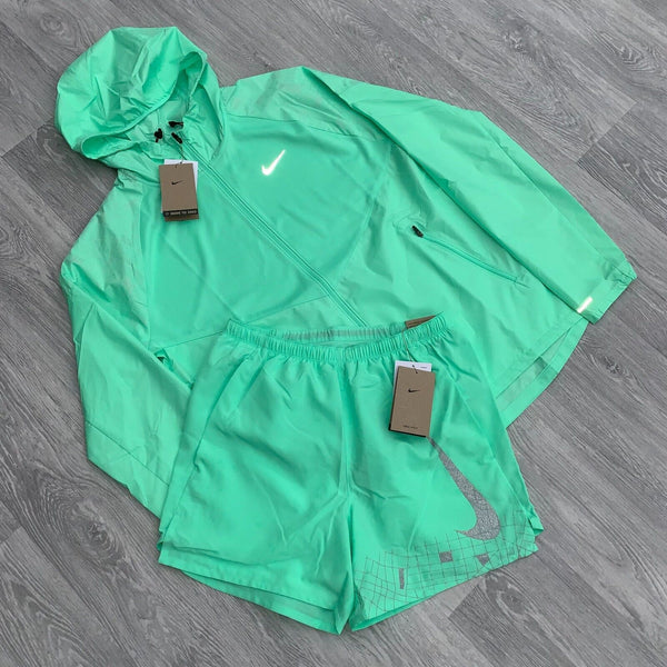 Nike Run Division Windbreaker Zip Jacket and Shorts Training Running Set - Mint