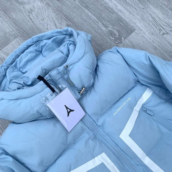 Maniere De Voir Nylon Taped Hooded Zip Puffer Jacket - Pale Blue/White