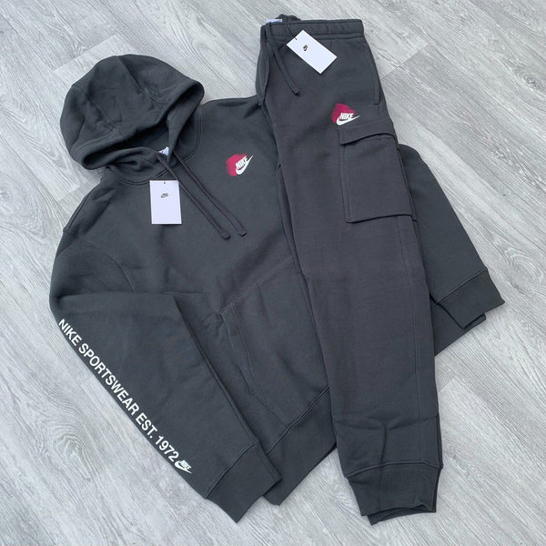 Nike Foundation Fleece Cargo Tracksuit Hoodie Joggers Sweatpants Set - Dark Grey