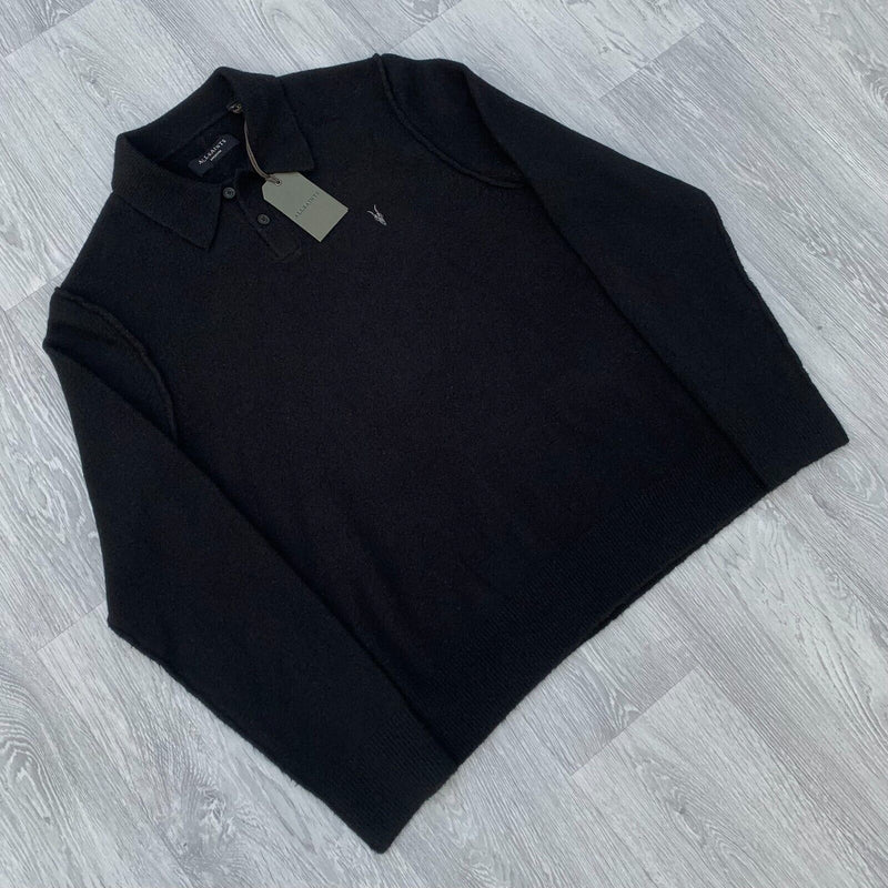 AllSaints Statten Knit Polo Shirt Jumper Sweatshirt - Black