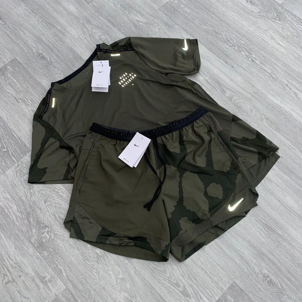 Nike Dri Fit Run Division Top and Shorts Training Running Gym Set - Khaki Camo