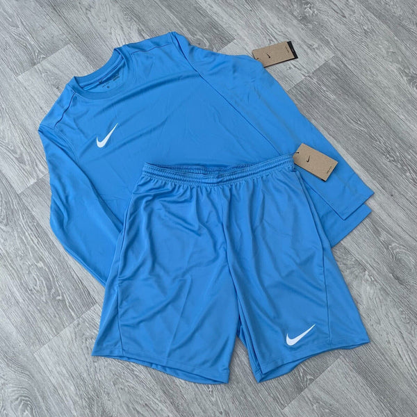 Nike Dri Fit Academy Long Sleeve T-Shirt Top and Shorts Set - University Blue