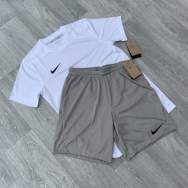 Nike Dri Fit Academy T-Shirt Top and Shorts Set - White/Grey