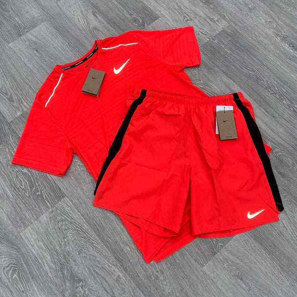 Nike Dri Fit Miler 1.0 Challenger T-Shirt Top and 7" Shorts Set - Bright Crimson