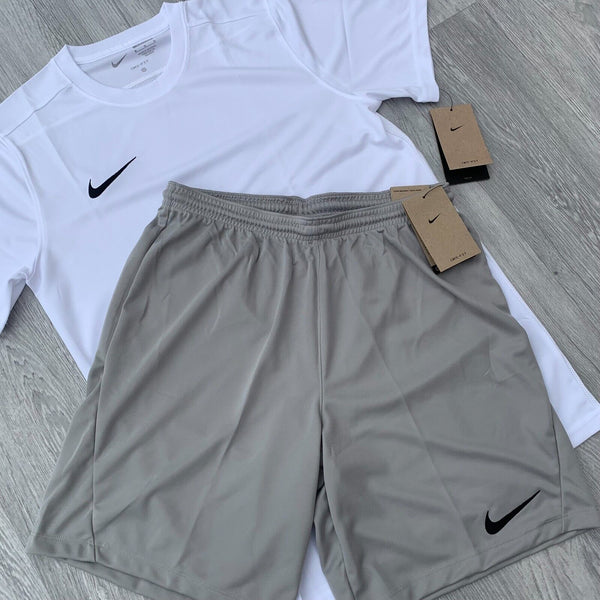 Nike Dri Fit Academy T-Shirt Top and Shorts Set - White/Grey